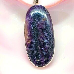 Large Oval Purple Charoite Slab Pendant in Sterling Silver 2 3/4" Long